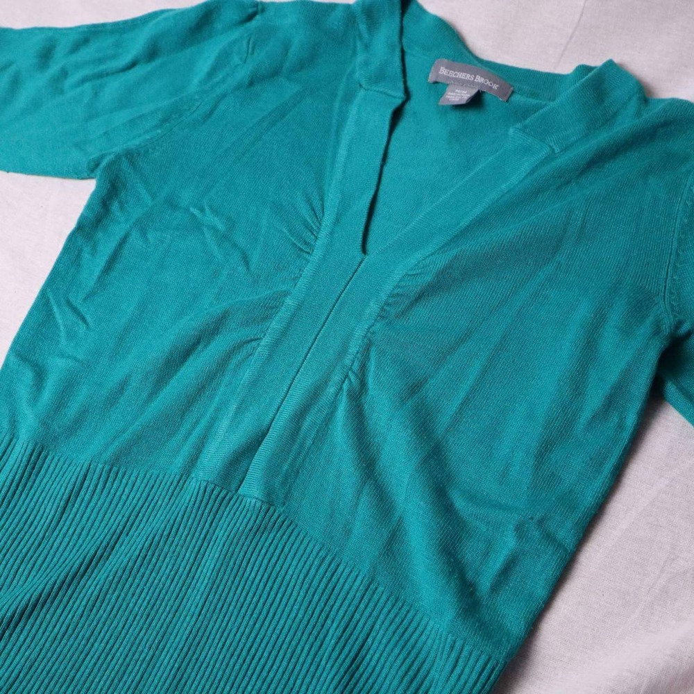 Beechers Brook Womens Teal Green V-Neck Ribbed Hem Short Sleeve Knit Top Medium - Picture 2 of 9